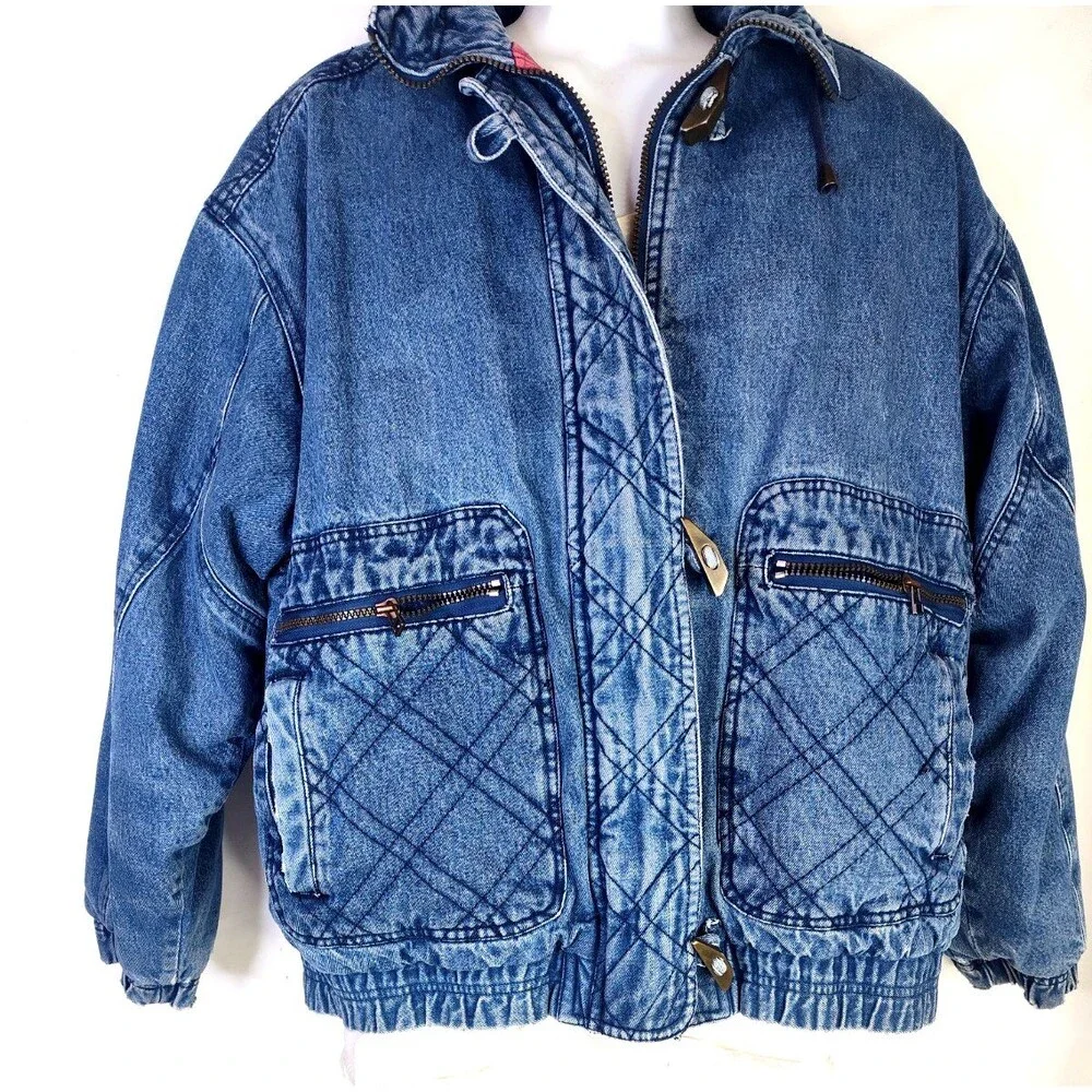Vtg London Towne Mens Jean Denim Barn Chore Blanket Lined Jacket Sz L Toggle Zip